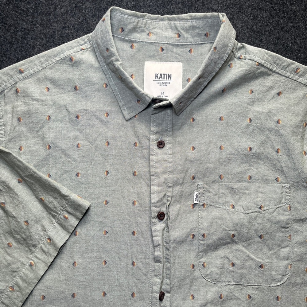 Katin Button Down Shirt Mens Large Grey Short Sleeve Diamond Print